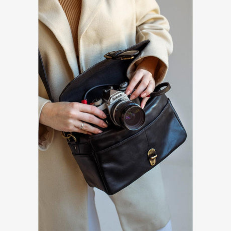 París Black Leather Camera Bag